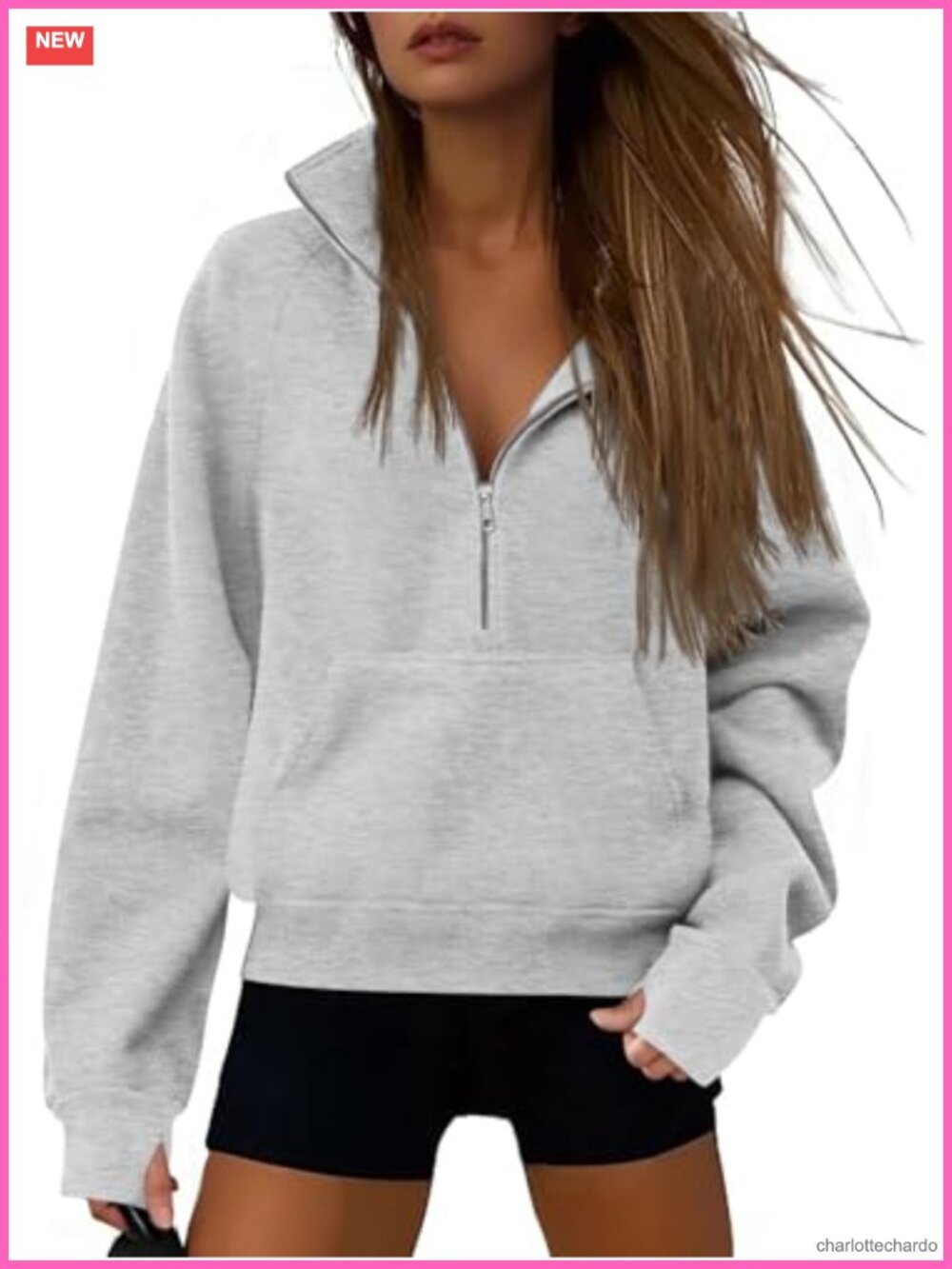 Half Zip Cropped Pullover Sweatshirt with Thumb Holes Women Fleece Quarter
